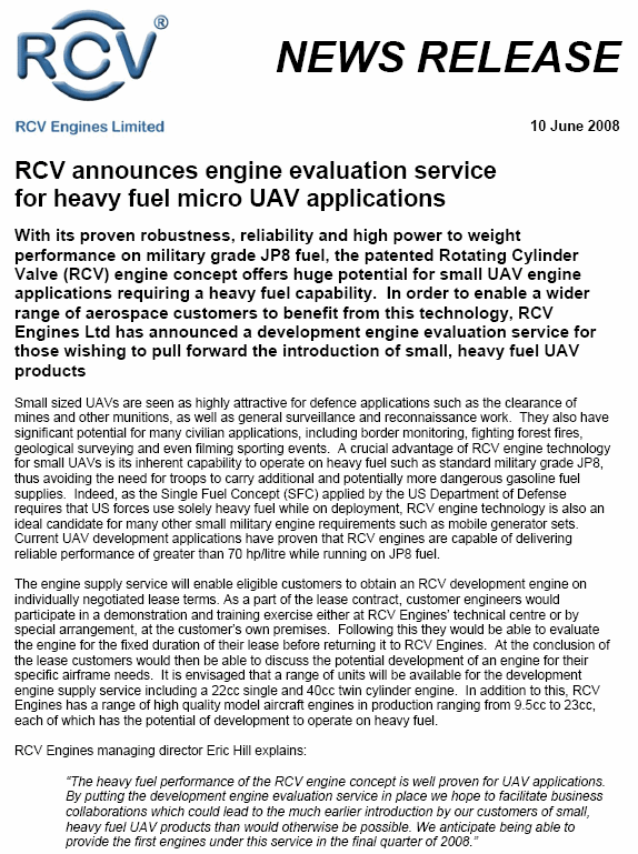 rac announces engine evaluation service for heavy fuel micro uav applications